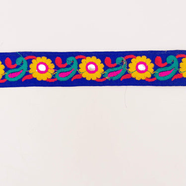 Royal Blue Floral Mirrored Trim With Yellow Flowers And Green Paisley Embroidery, Decorative Trimming, Trim By 3 Yards